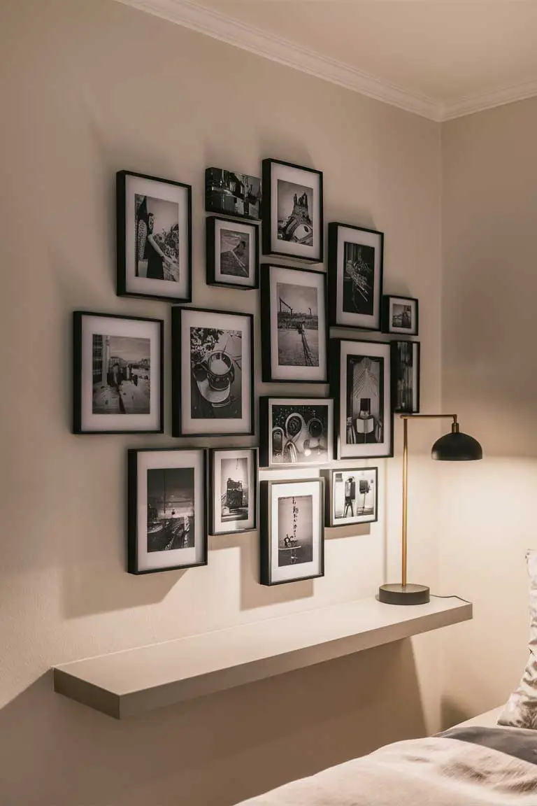 Gallery wall with black and white photos in minimalist bedroom