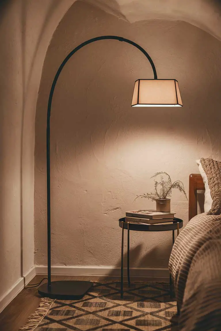 Matte black arched floor lamp in minimalist bedroom corner