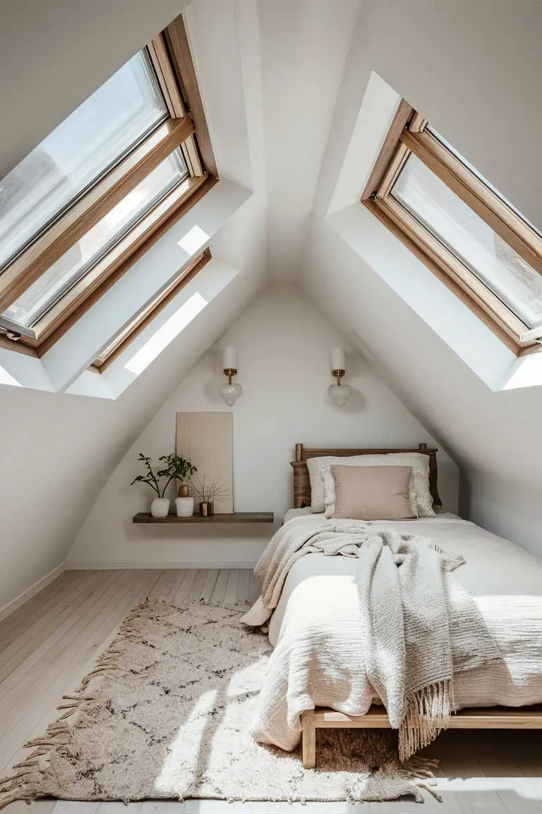Attic bedroom with sloped ceilings and skylights