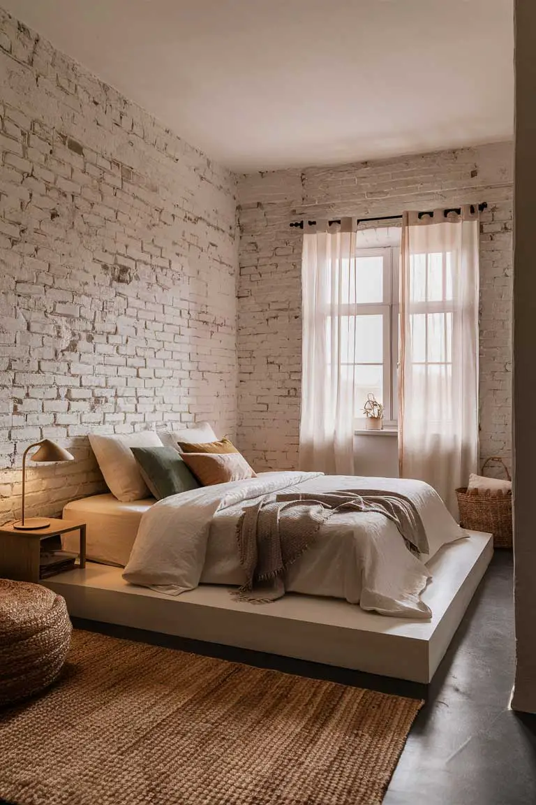 White-painted exposed brick wall in minimalist bedroom