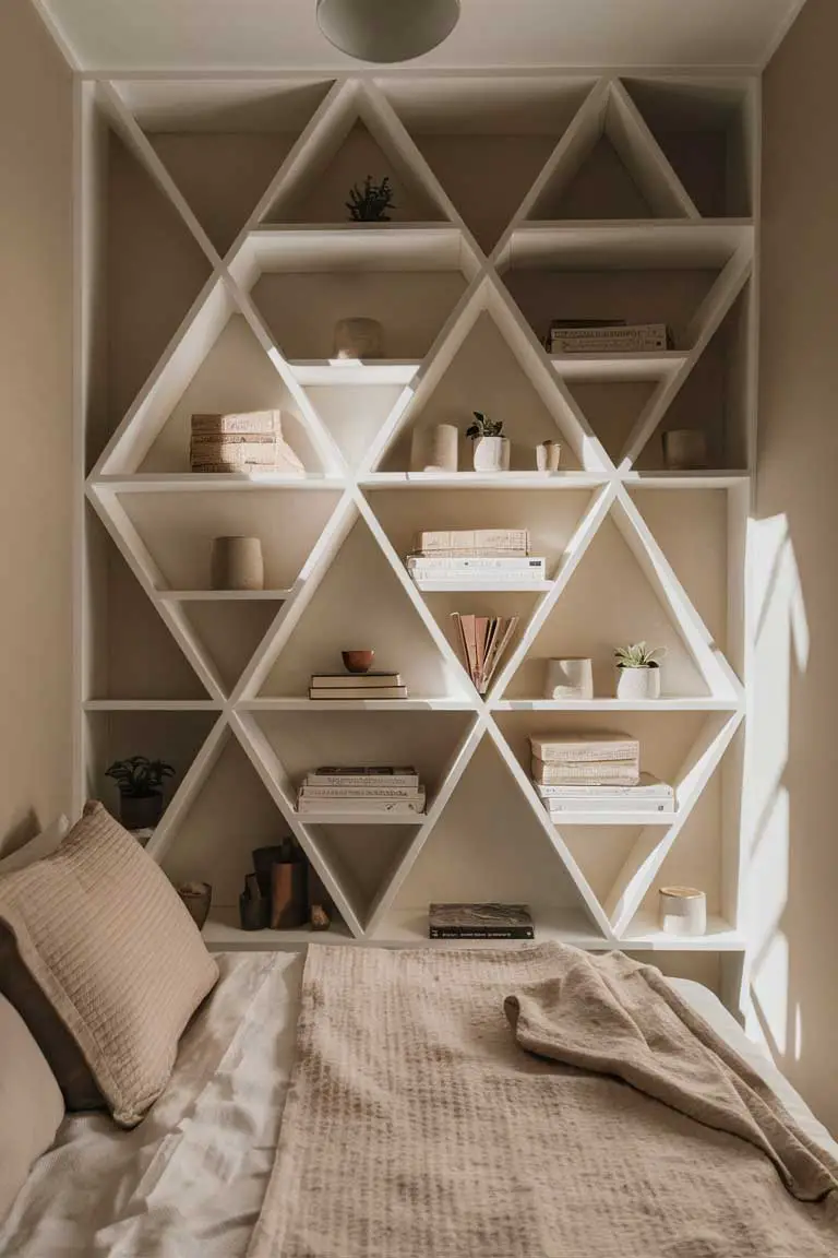 Built-in geometric shelving unit as room divider