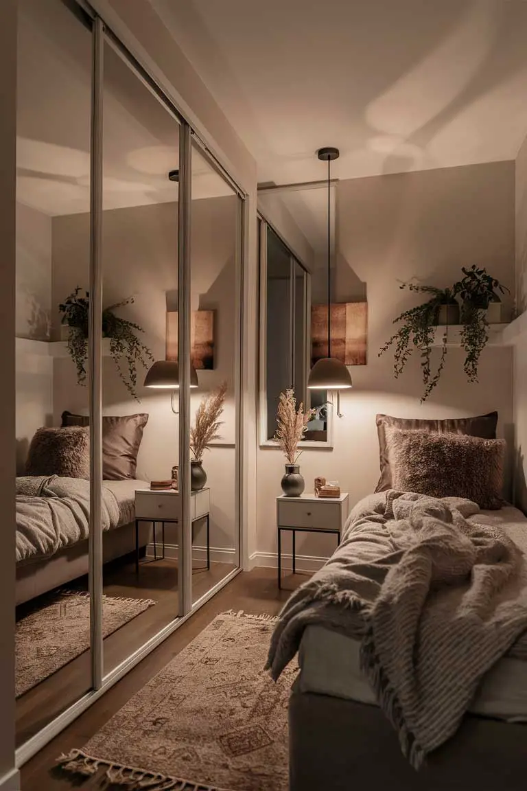 Mirrored closet doors reflecting bedroom interior