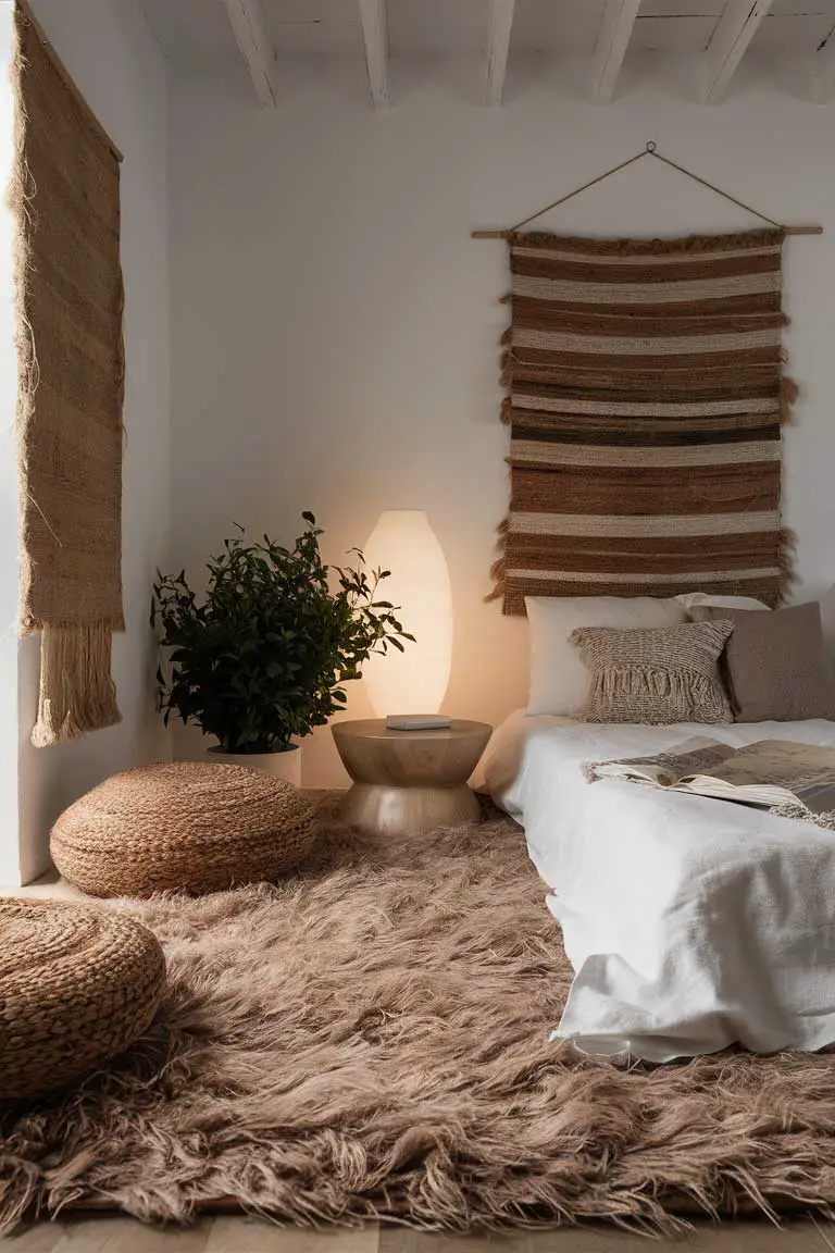 Plush area rug and woven wall hanging in minimalist bedroom