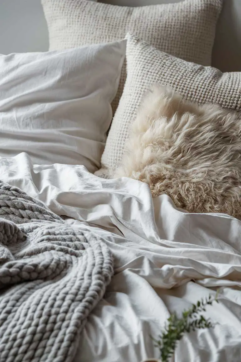 Layered bedding with cotton sheets, knit throw, and faux fur pillow