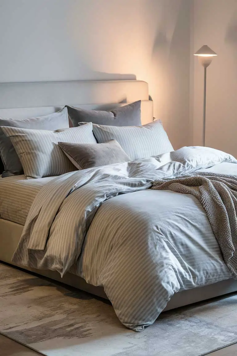 Pinstripe sheets with solid duvet in minimalist bedroom