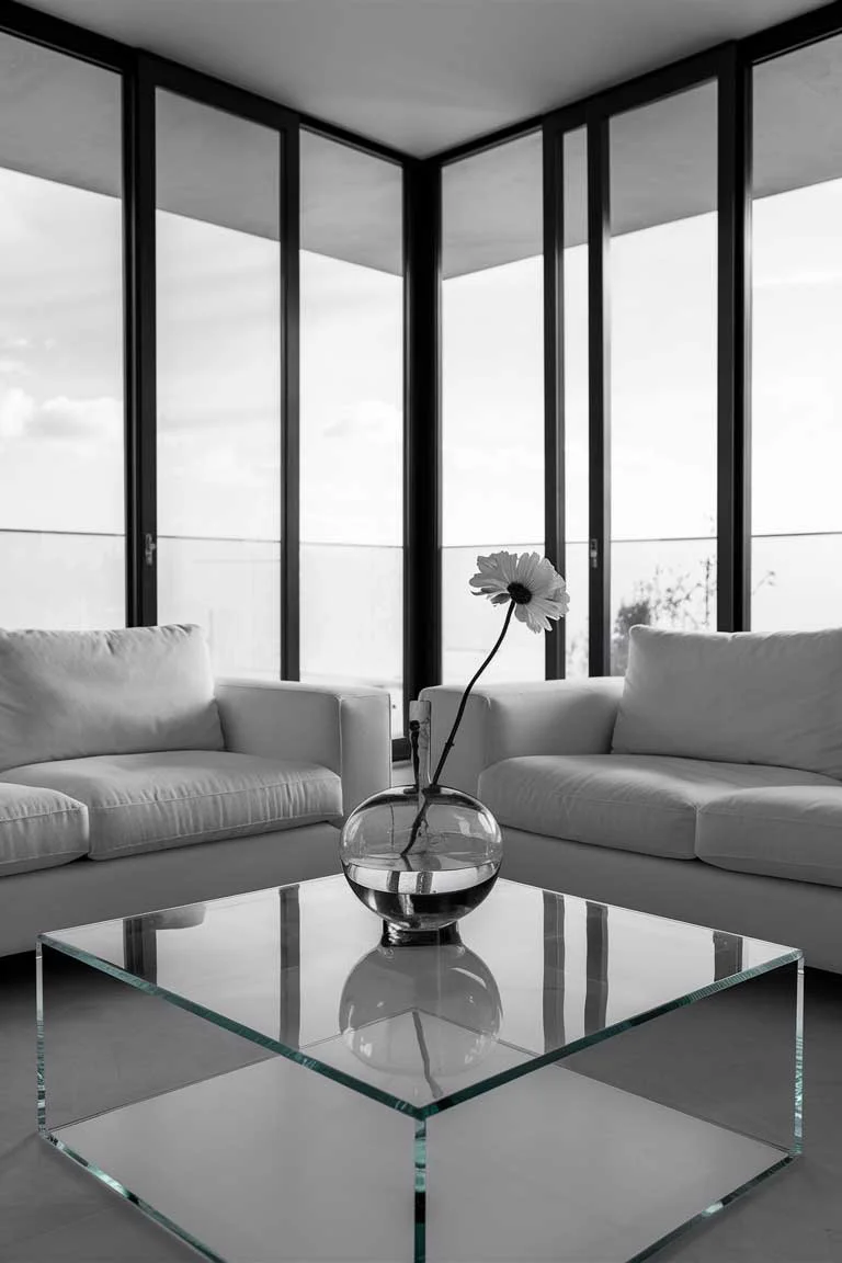 Living room with floor-to-ceiling glass windows, white sofa, and glass coffee table with minimalist glass vase