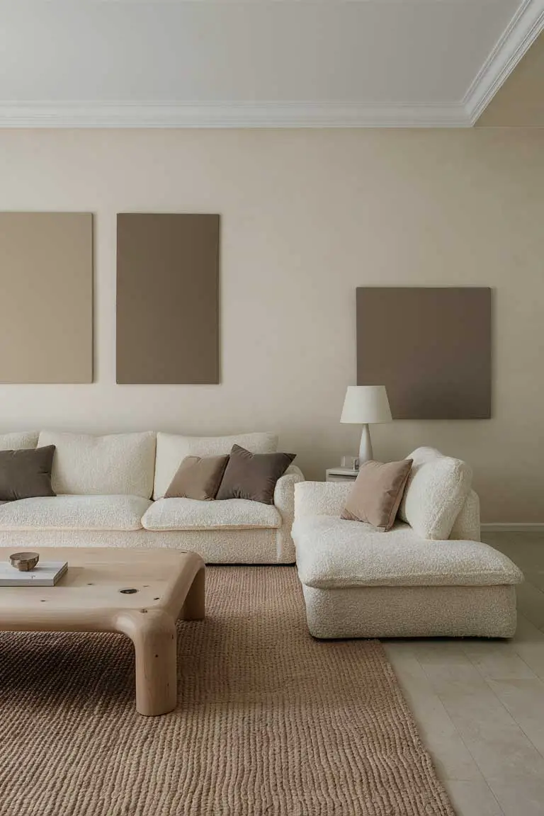 Living room in cream and taupe tones with low-profile sofa and wooden coffee table