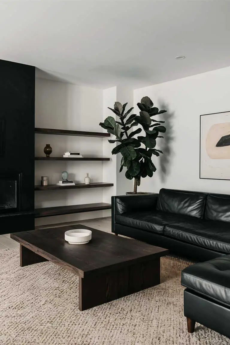 Minimalist living room with black sofa, dark wood coffee table, and wooden shelves