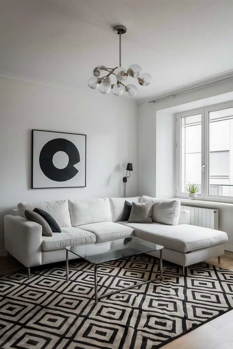 Minimalist living room with white L-shaped sofa, glass coffee table, and geometric rug