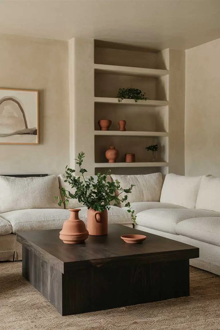 Living room with beige sectional, dark wood coffee table, and clay pots with green plants