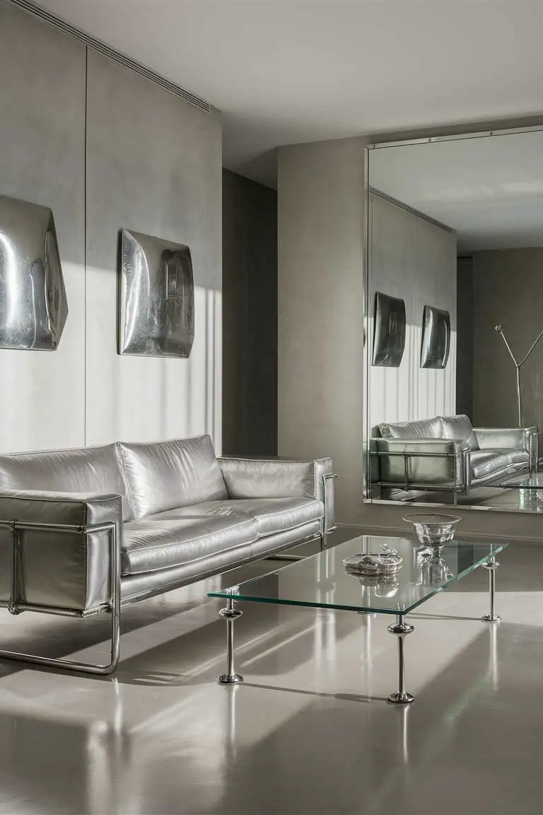 Minimalist living room with silver sofa, glass coffee table with chrome legs, and metallic decor