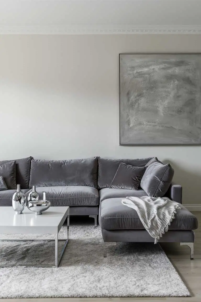 Minimalist living room with gray velvet sofa, white coffee table, and silver decor