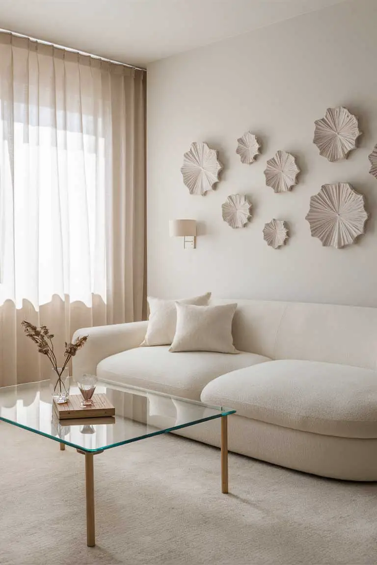 Ivory-themed minimalist living room with soft sofa, glass coffee table, and sheer curtains
