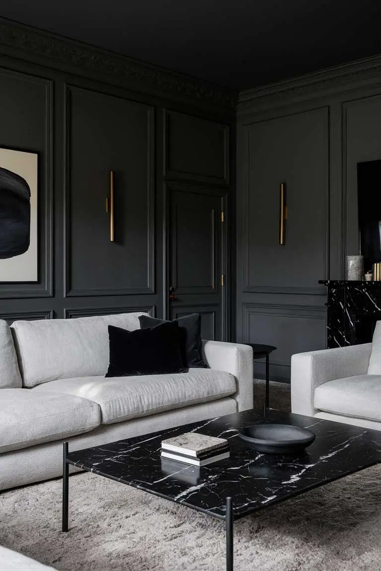 Living room with dark walls, light gray sofa, and black marble coffee table