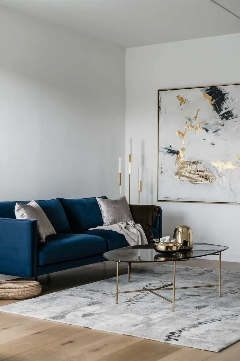Minimalist living room with navy velvet sofa, gold-accented coffee table, and gold decor