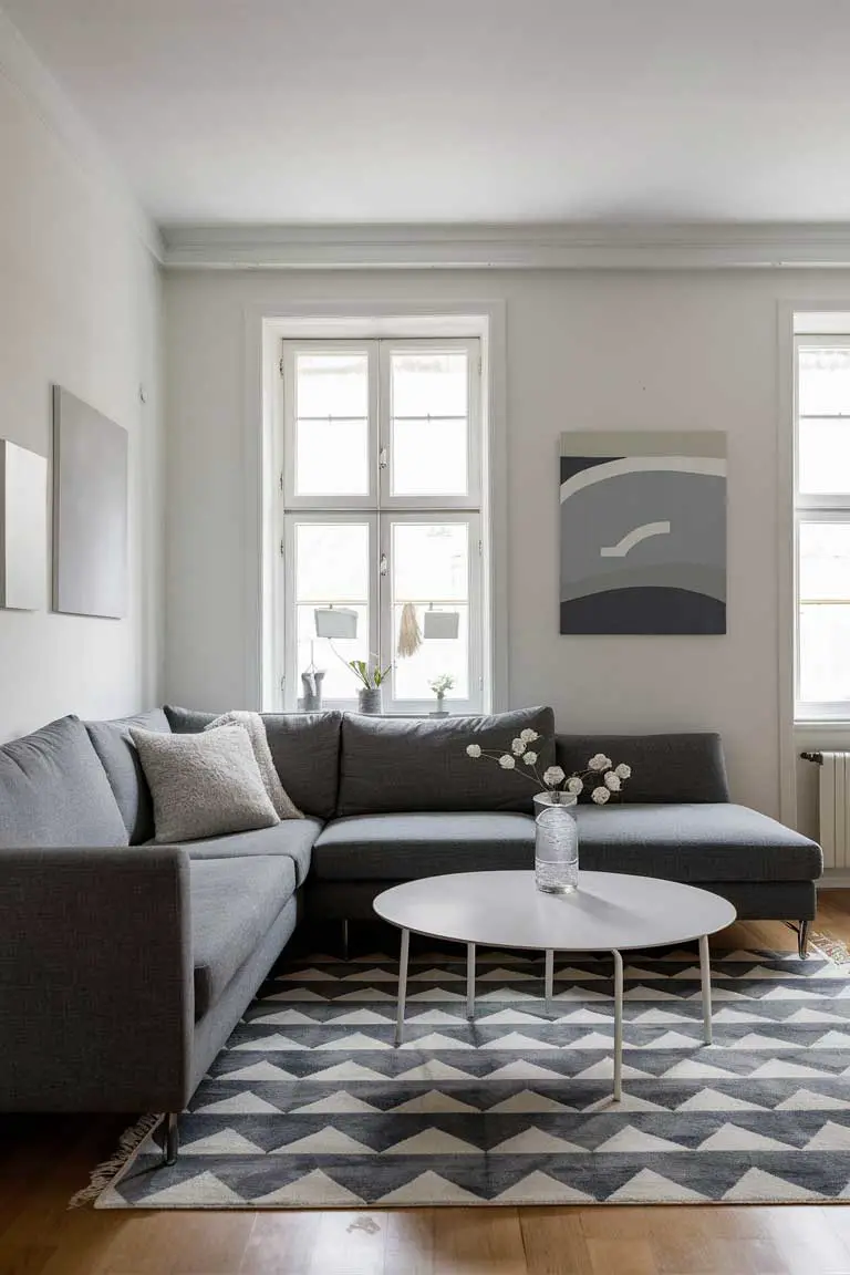 Living room with gray sectional, white coffee table, and geometric rug