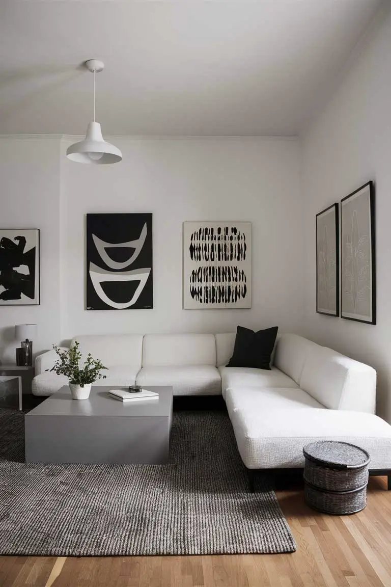 Minimalist living room with white sectional, gray coffee table, and black-and-white art