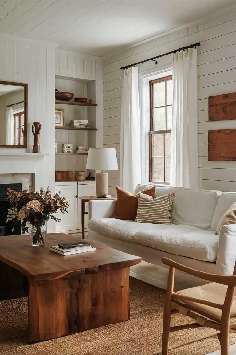 Minimalist living room with white walls, wooden coffee table, and white linen sofa
