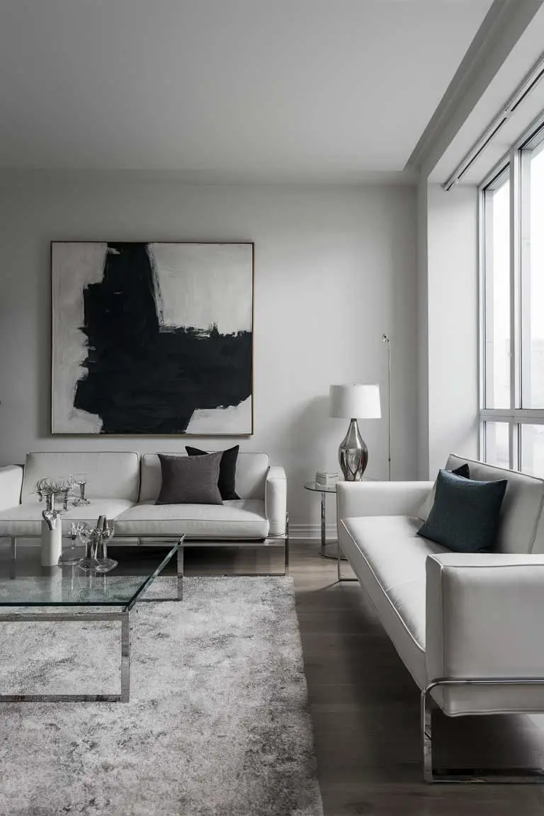 Minimalist living room with sleek white furniture, glass coffee table, and abstract painting