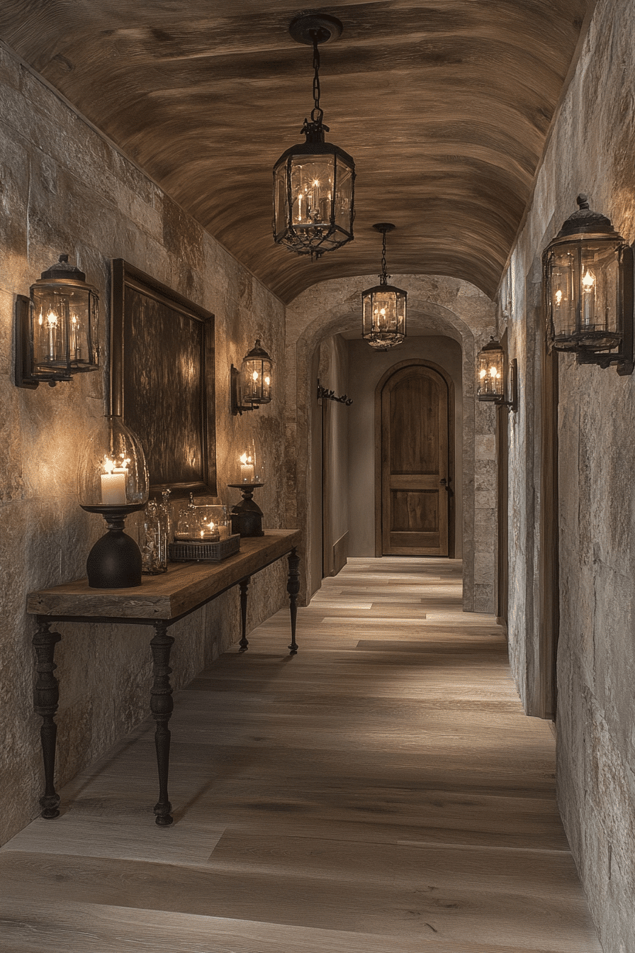 Rustic hallway with wrought iron lighting