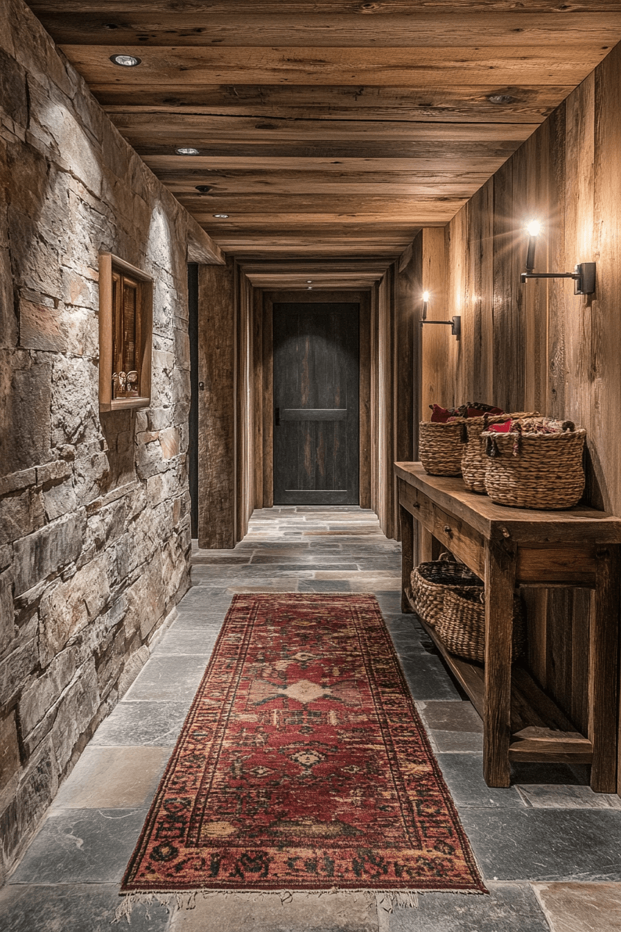 Rustic hallway with stone and wood flooring