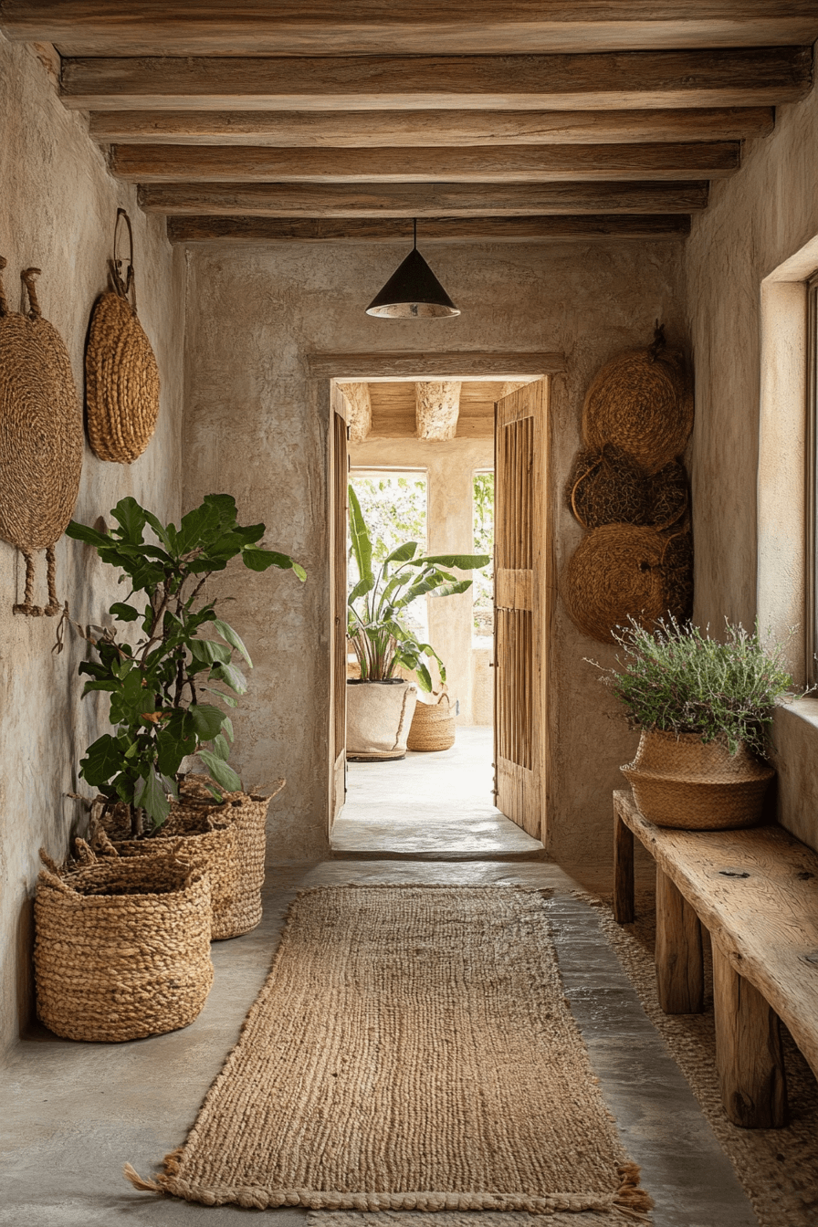 Hallway with layered textures including rugs and wood