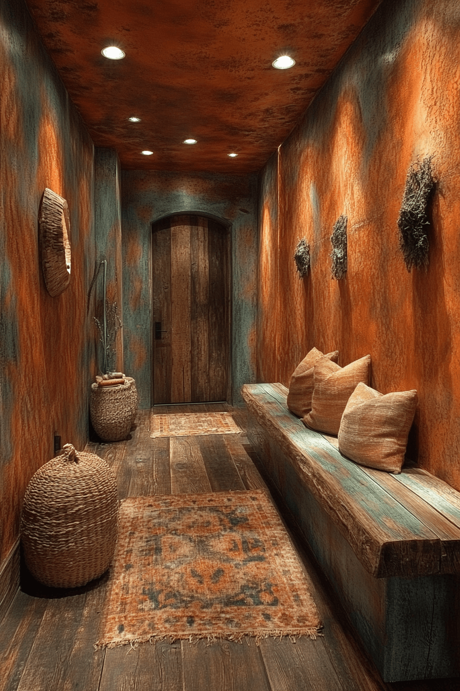 Hallway painted in olive green and warm browns