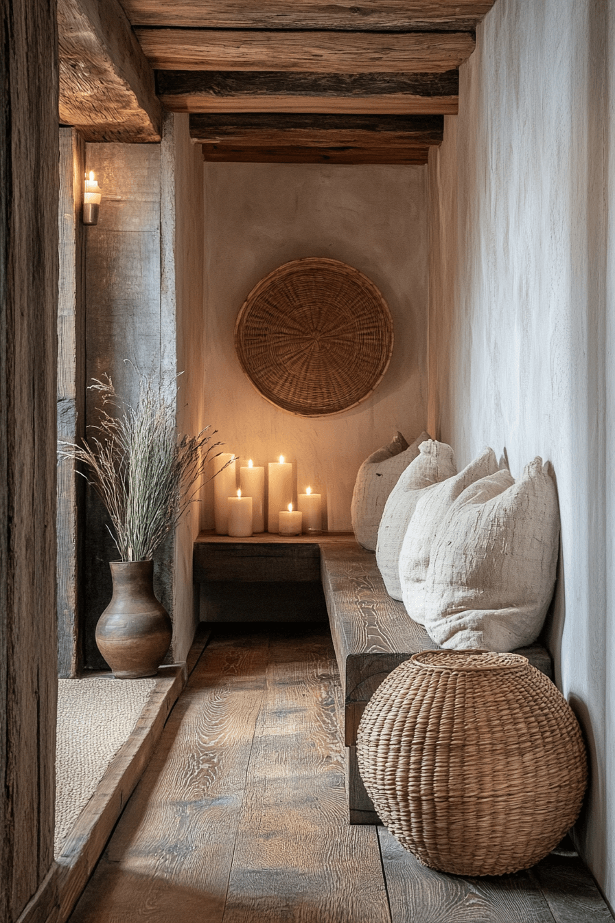 Hallway with handcrafted wooden and woven decor