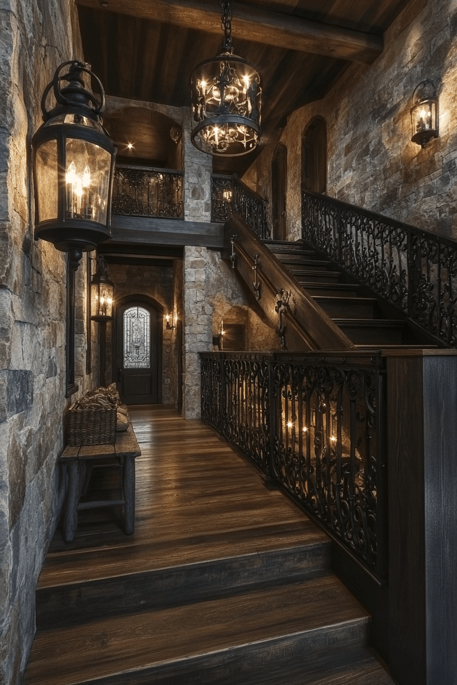 Rustic hallway with wrought iron fixtures