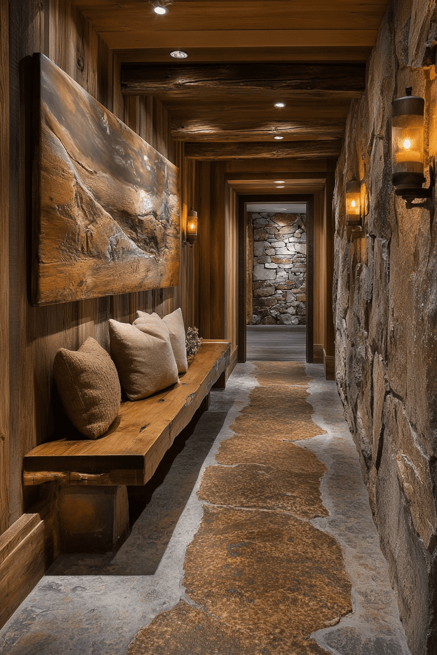 Hallway with rustic murals and handmade art