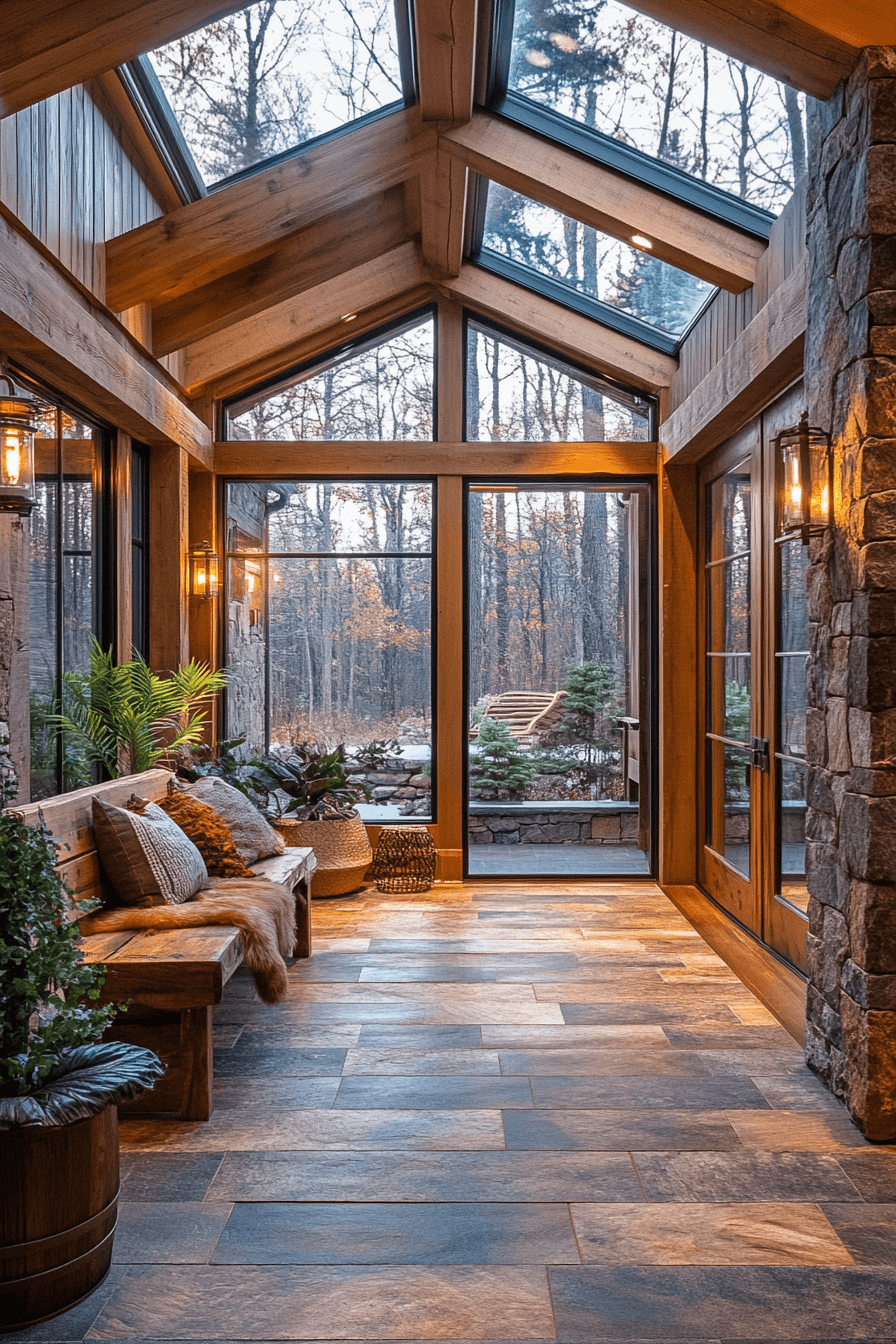 Bright rustic hallway with large windows
