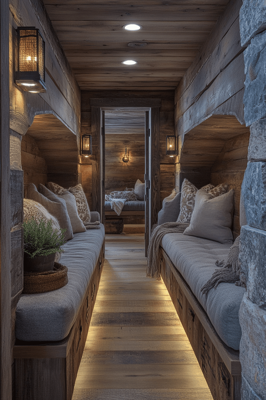 Hallway with wooden bench and cushions