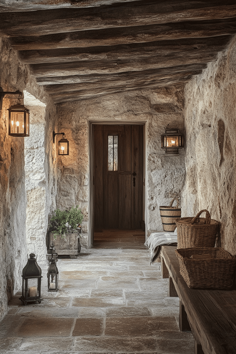 Stone accented rustic hallway