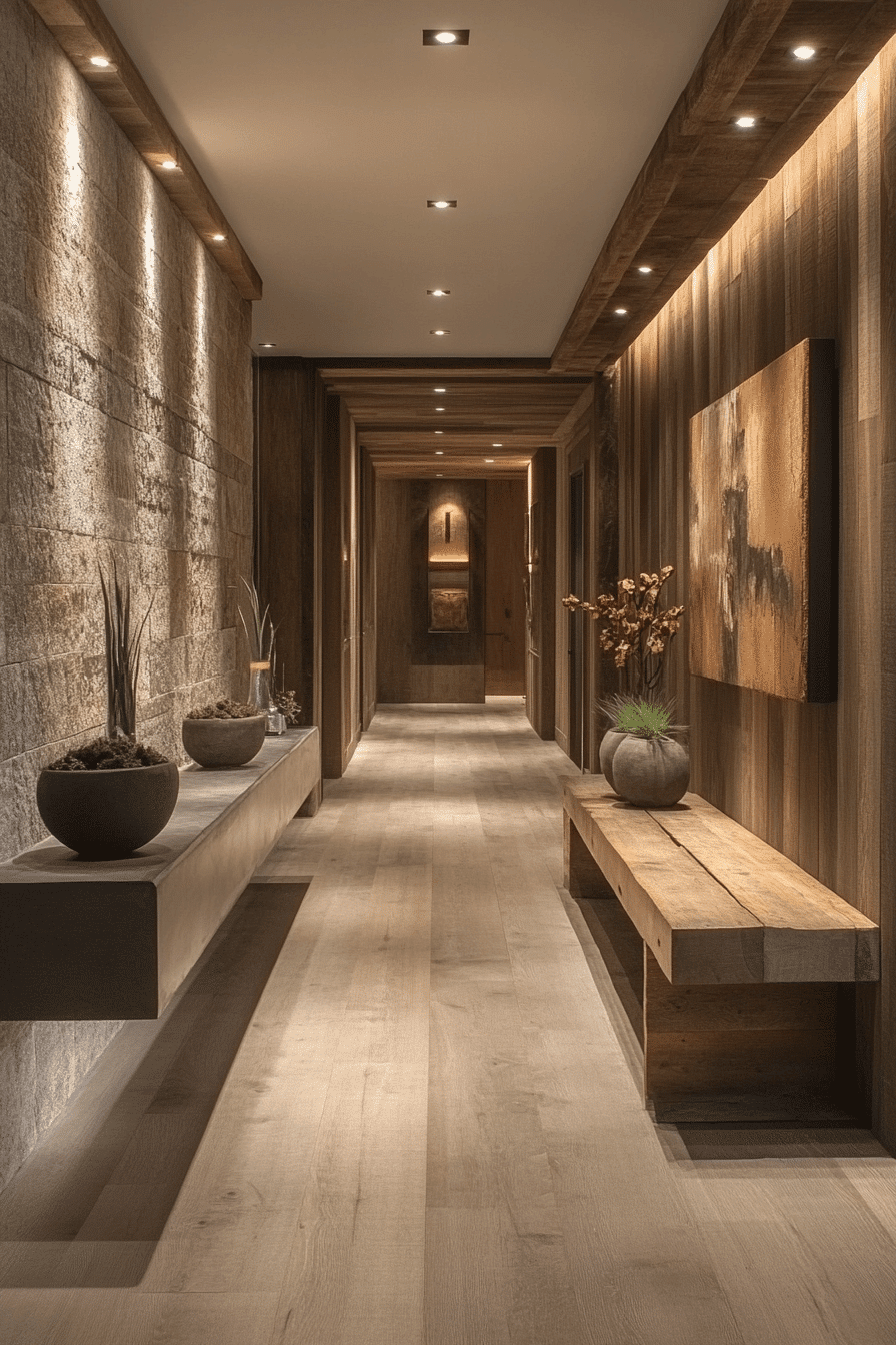 Modern rustic hallway with sleek lines and natural materials