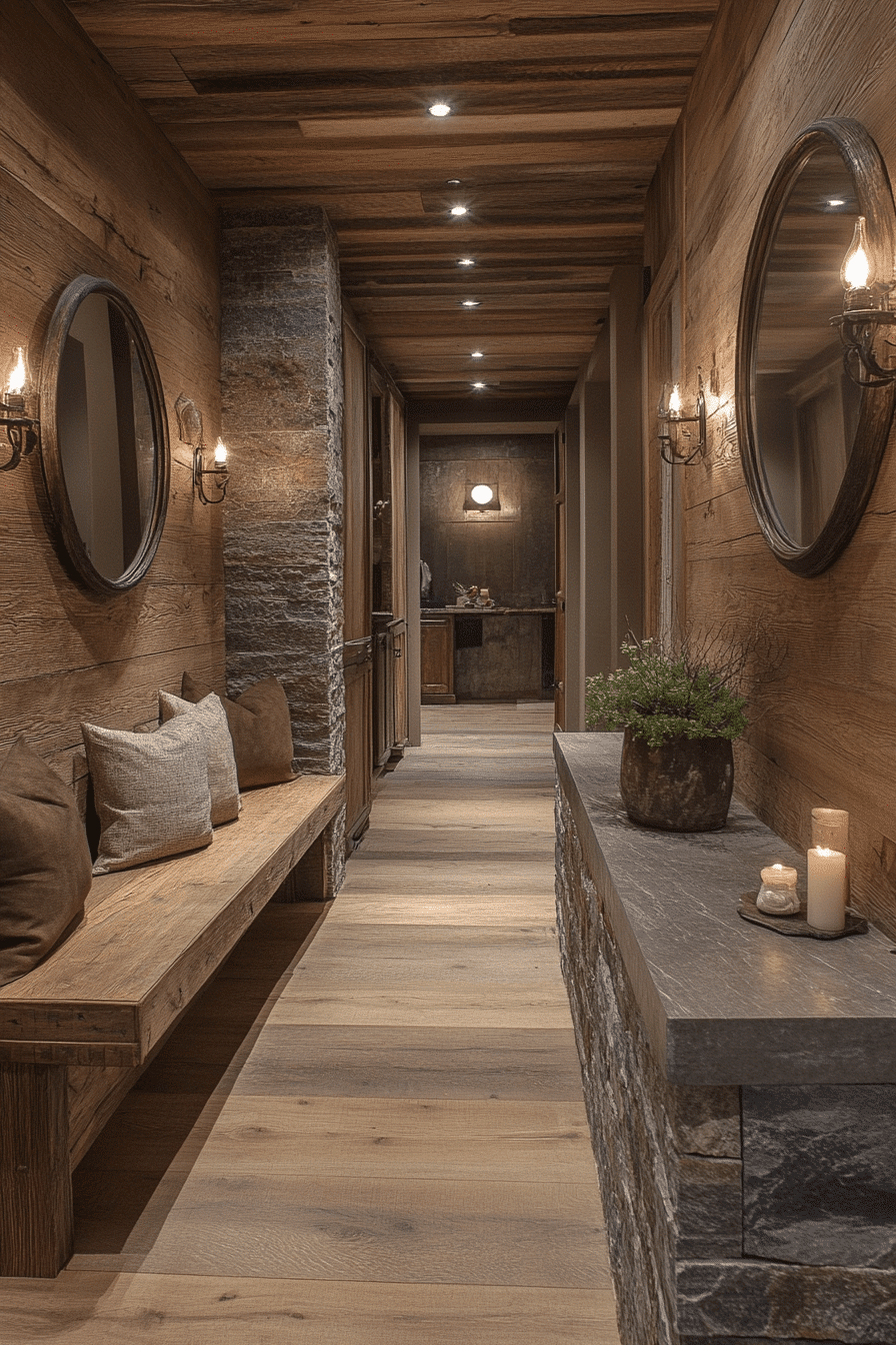 Rustic hallway with mirrors and sleek fixtures