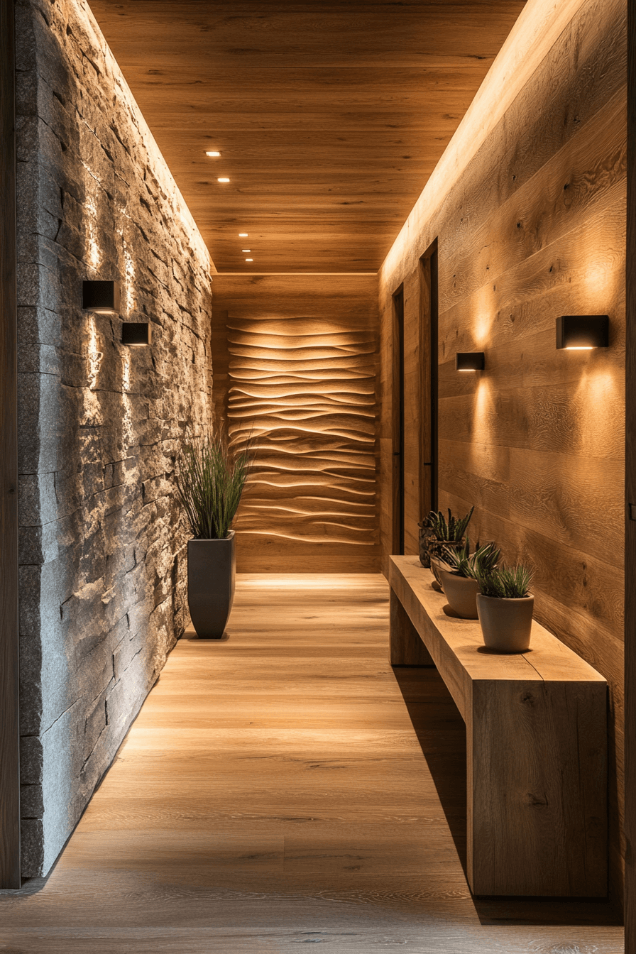 Modern rustic hallway with minimalist furniture and wooden accents