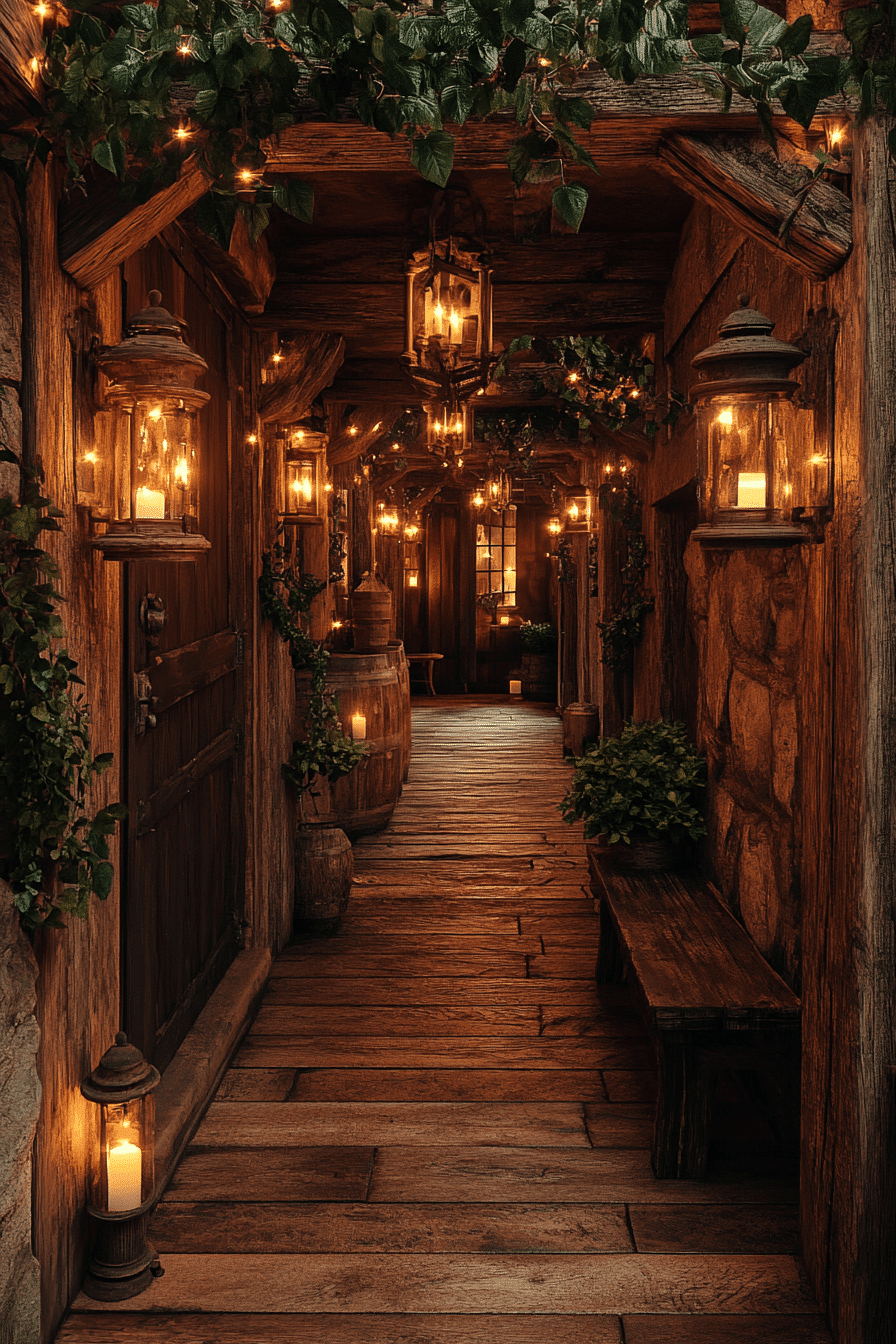 Hallway with vintage lanterns and sconces