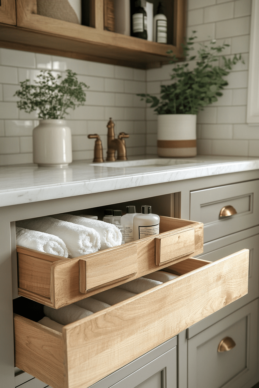 Bathroom with vertical shelving