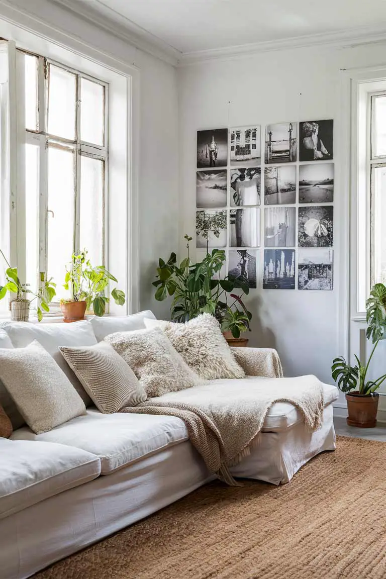 Bright living room with textured pillows, jute rug, and black-and-white photo gallery