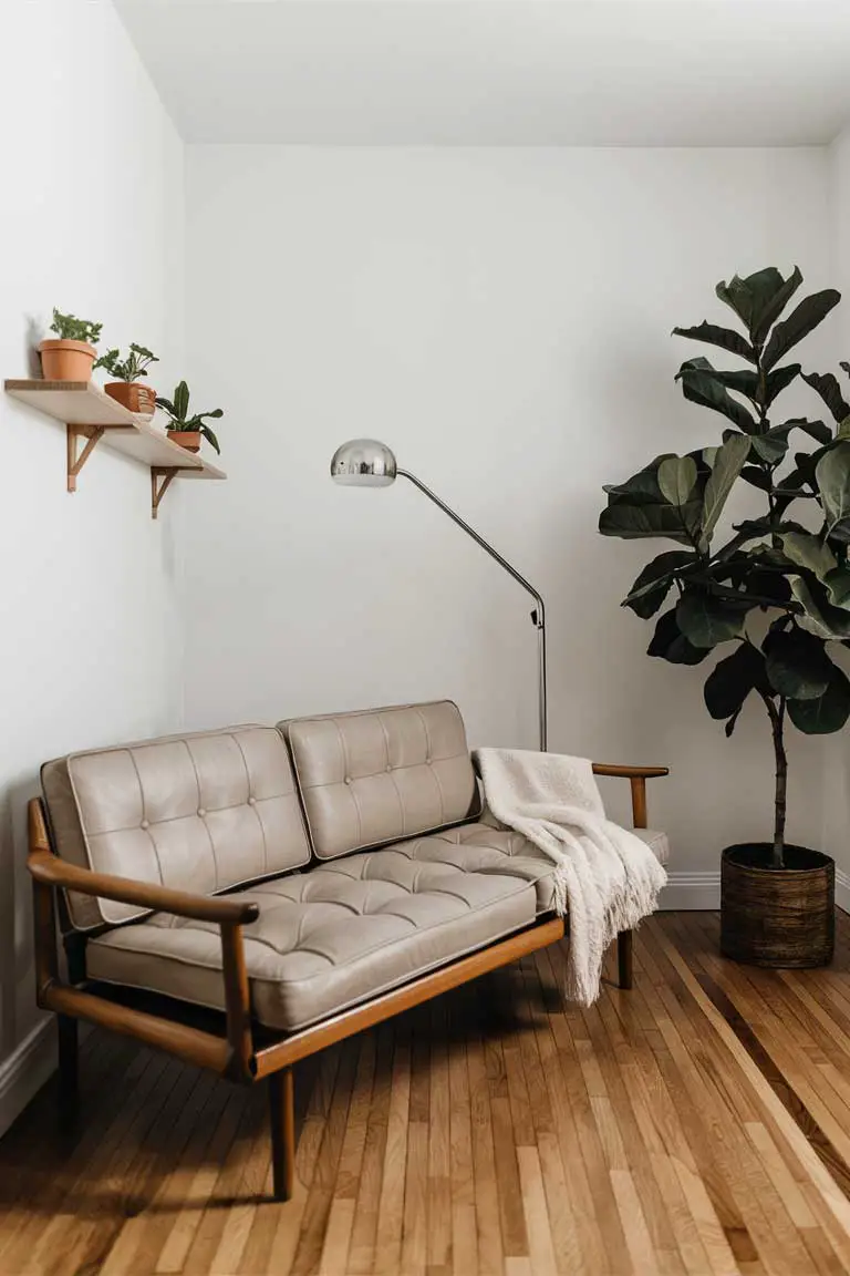 Minimalist living room with fiddle leaf fig and small potted plants