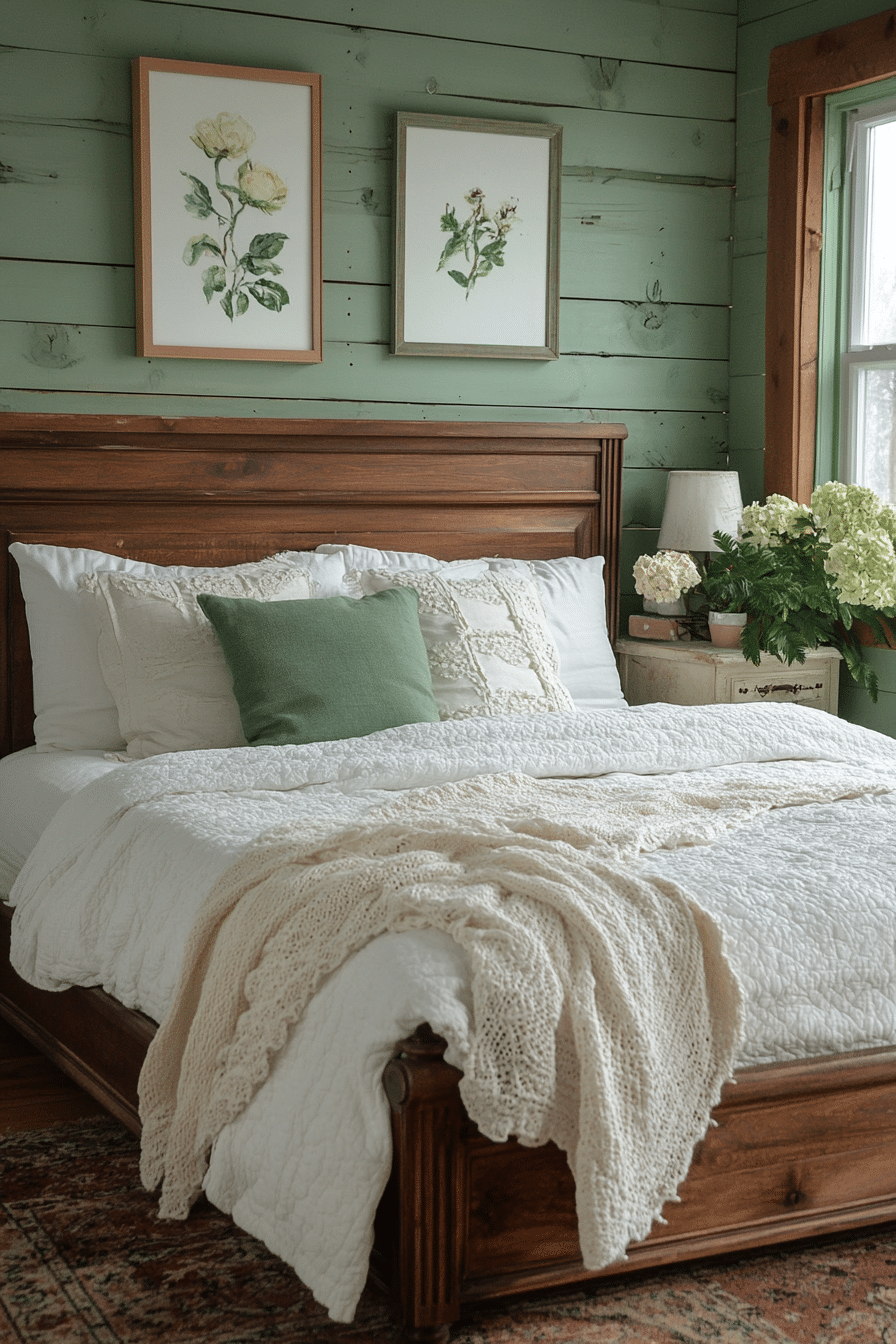 Artistic Sage Green Farmhouse Bedroom