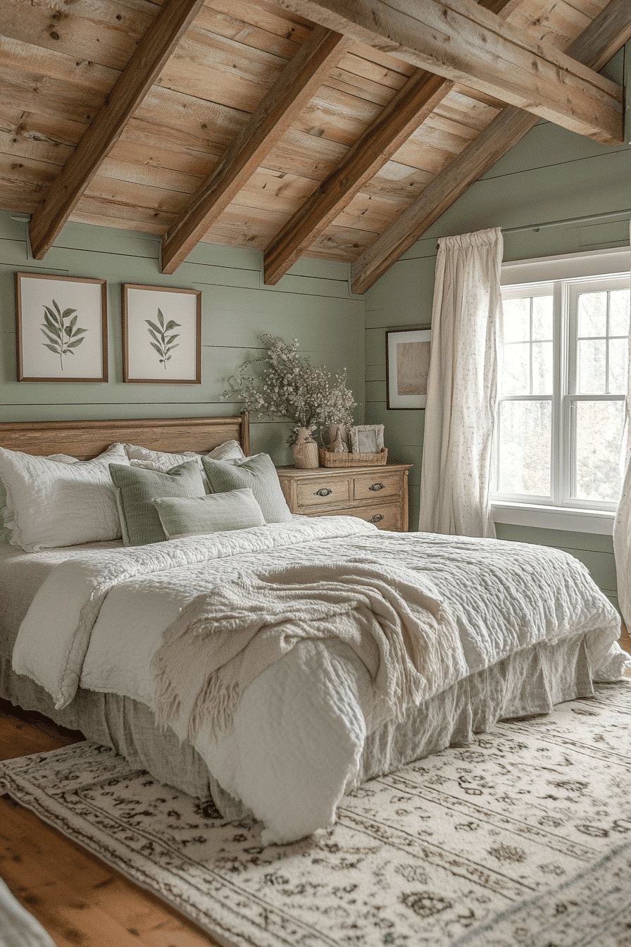 Spacious Sage Green Farmhouse Bedroom