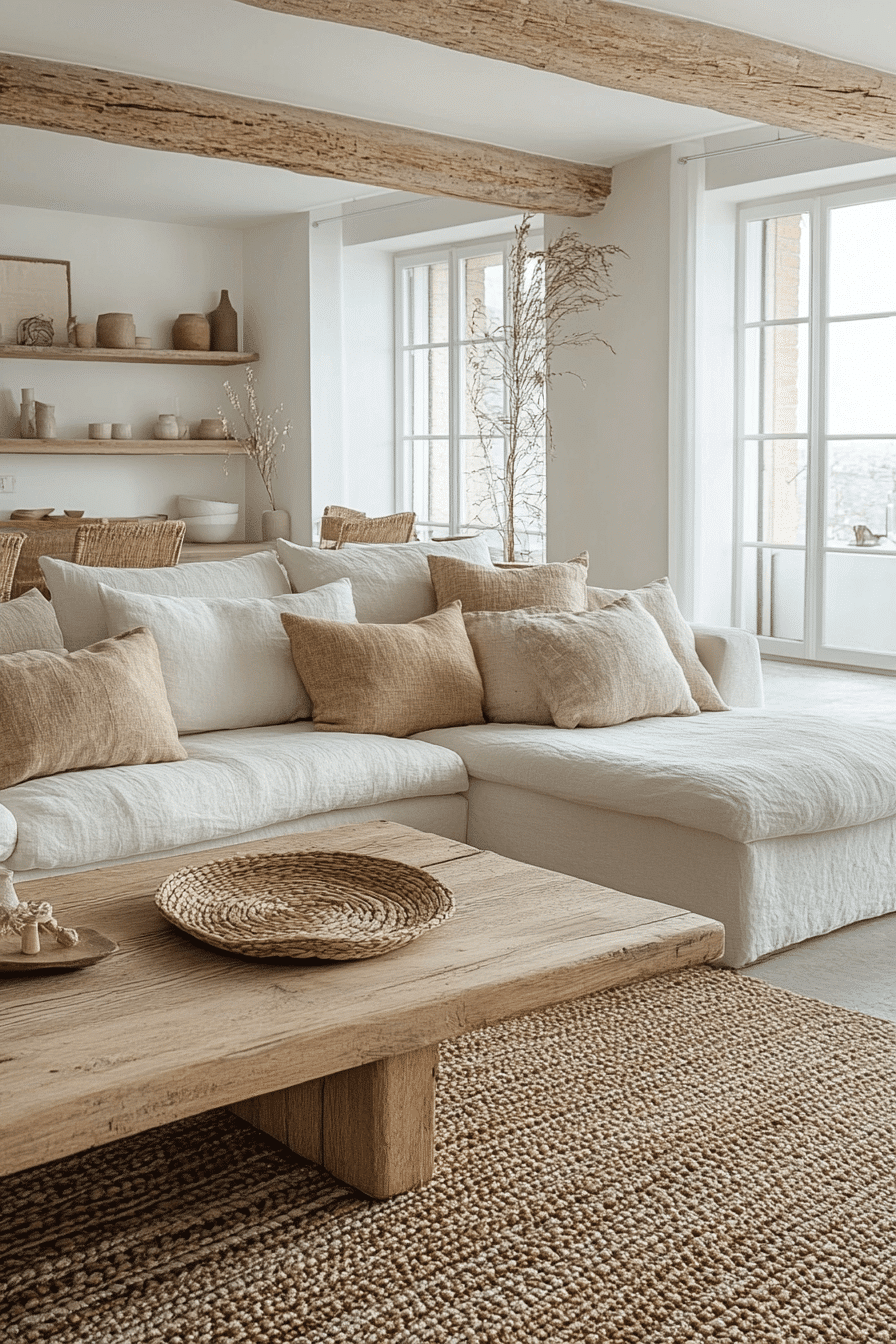 Scandinavian style living room with white walls and wooden furniture