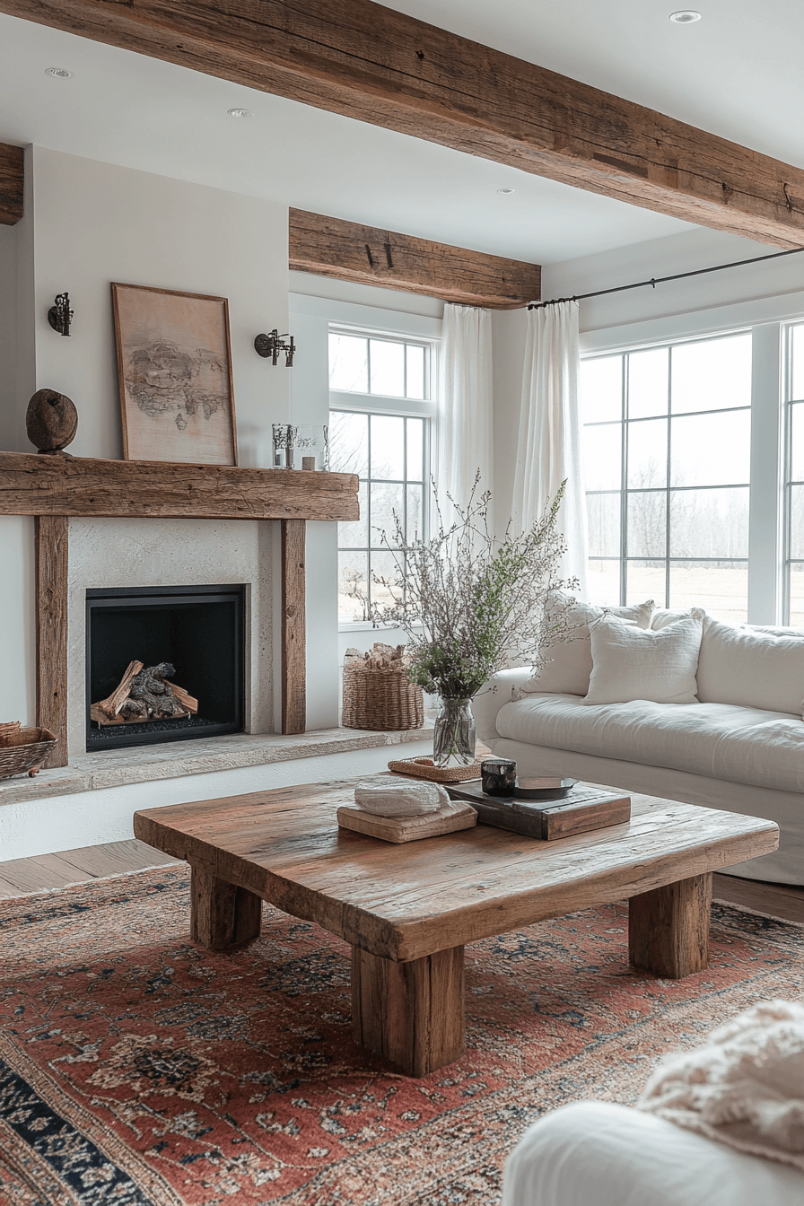 Rustic living room with wooden accents and linen fabrics