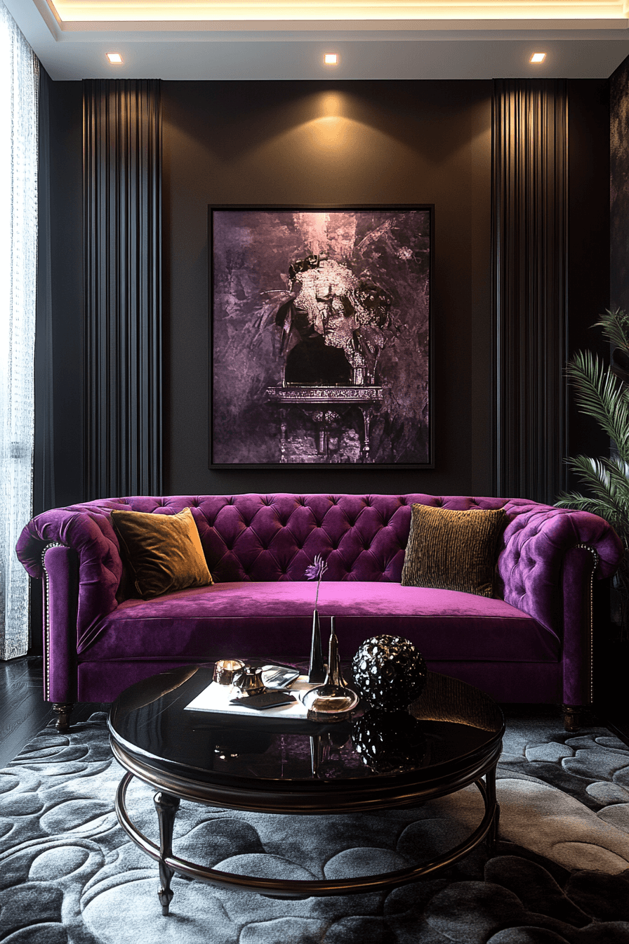 Living room featuring velvet sofa and cushions