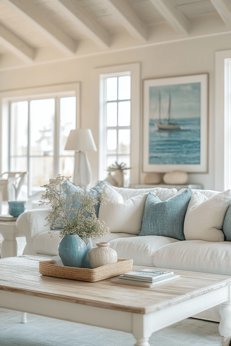Coastal themed living room with wicker furniture