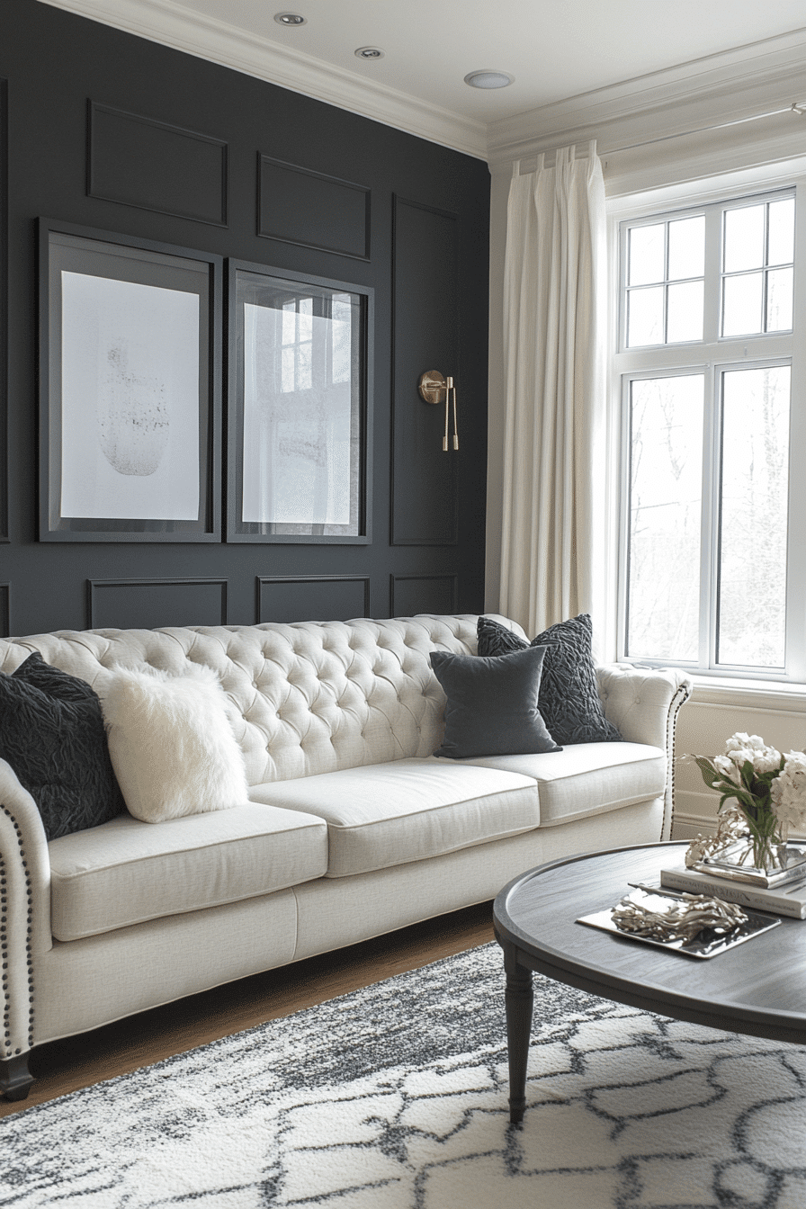 Monochrome living room with black and white decor