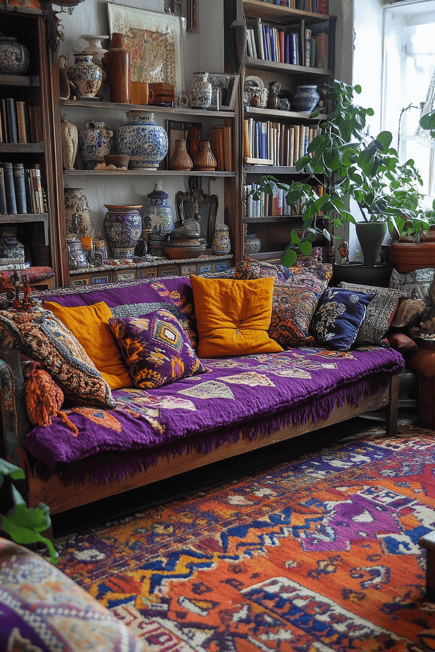 Bohemian style living room with layered textiles