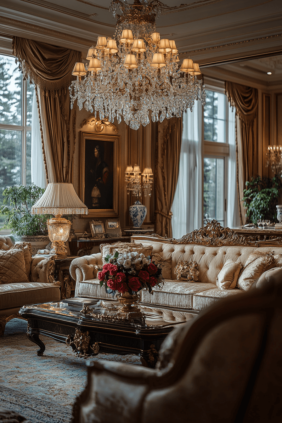Living room with chandelier and pendant lights