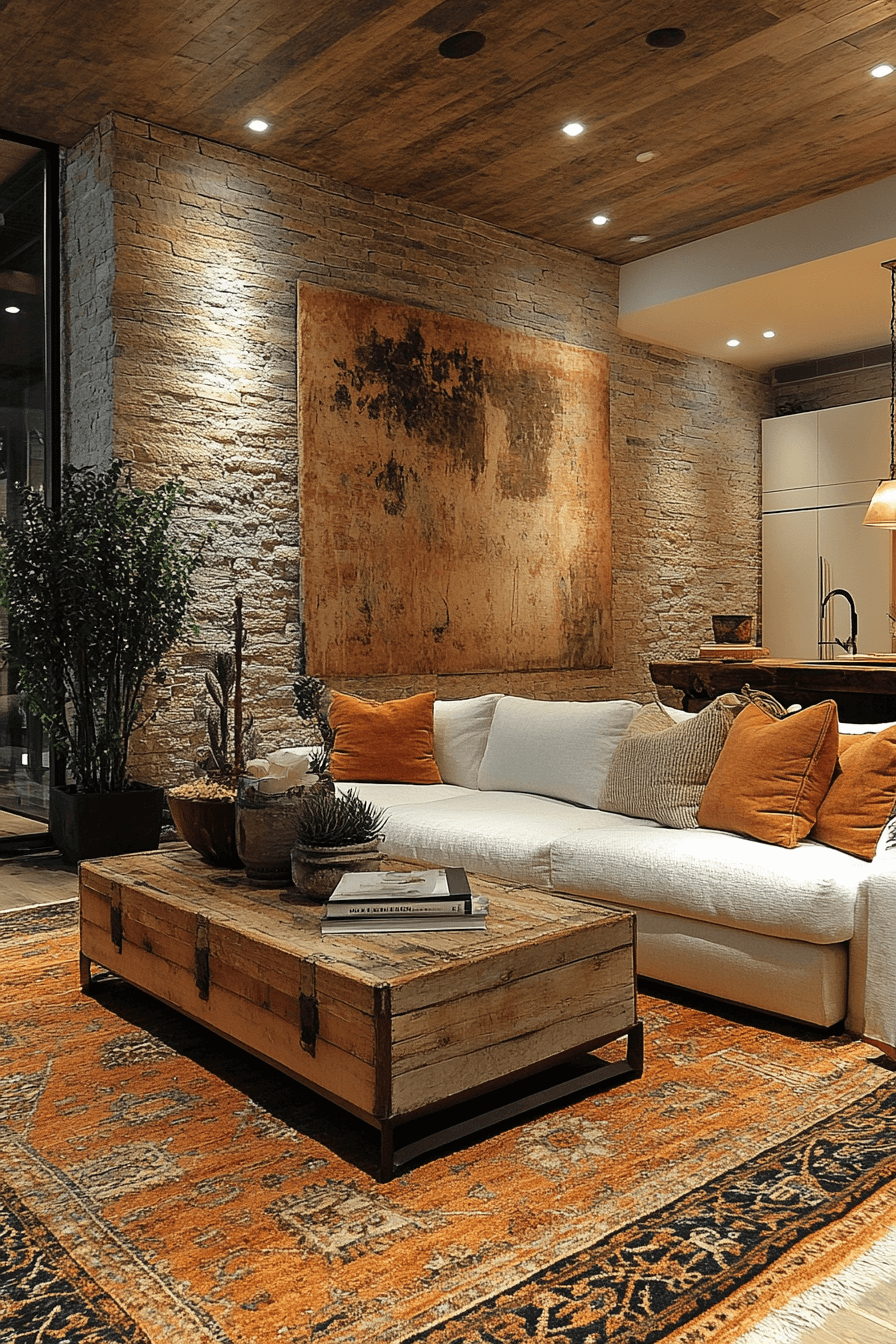 Living room with textured wooden wall panels